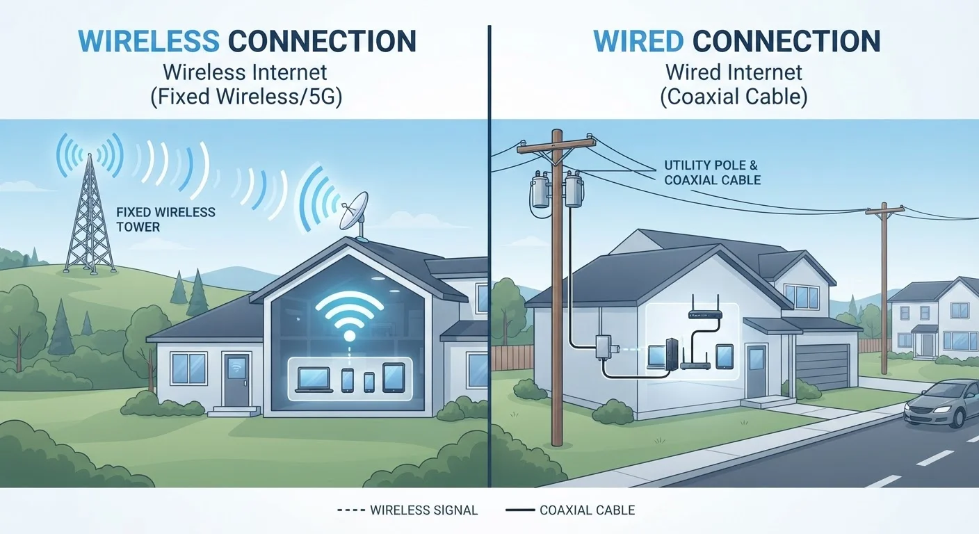 Split illustration comparing fixed wireless internet tower signal with a cable line connecting to a home.