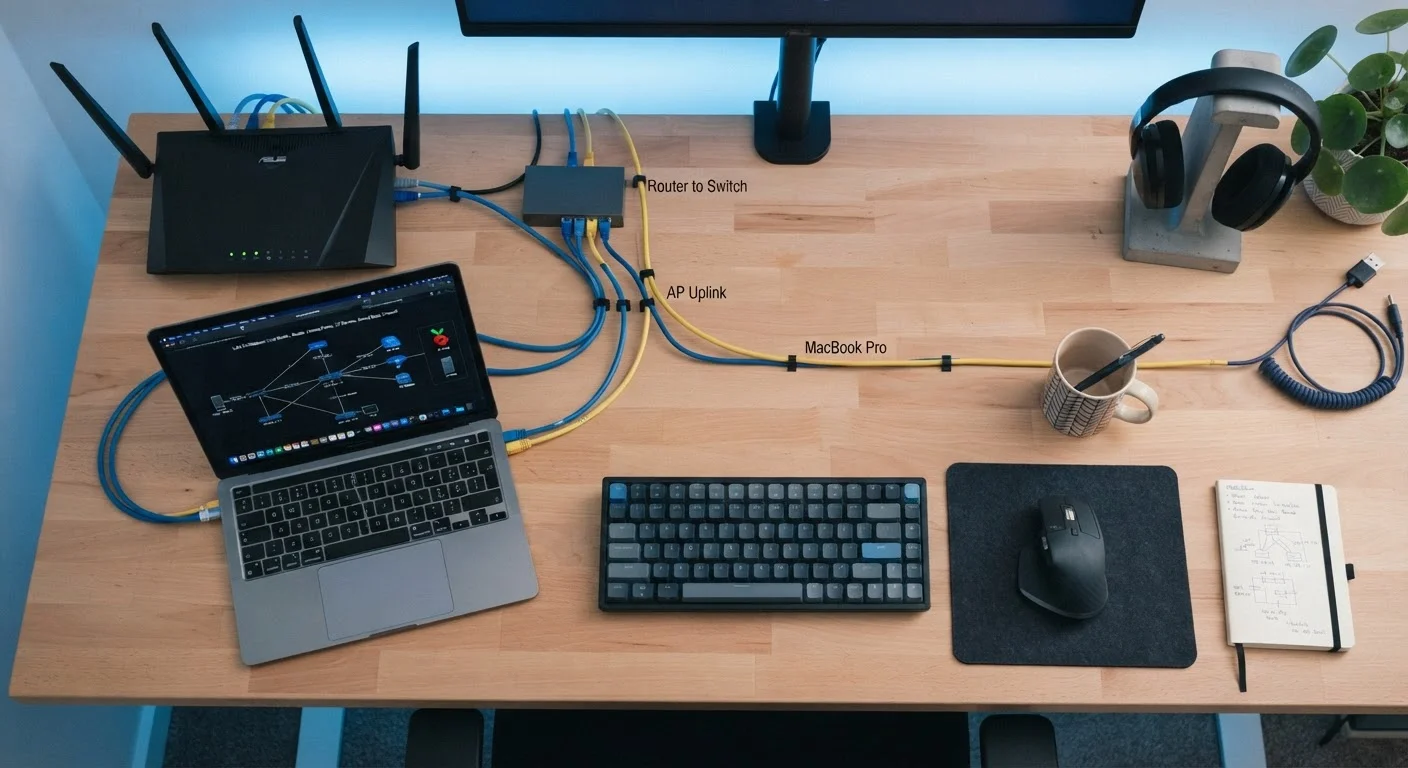 A home office desk with a wireless router, ethernet cables, and a laptop showing network diagrams.