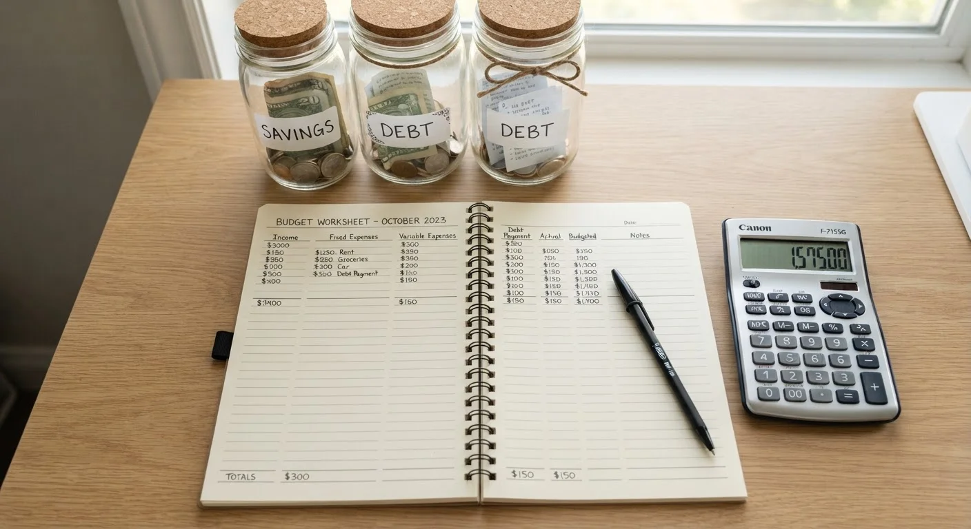Budget worksheet on a desk with two labeled jars representing savings and debt repayment goals.