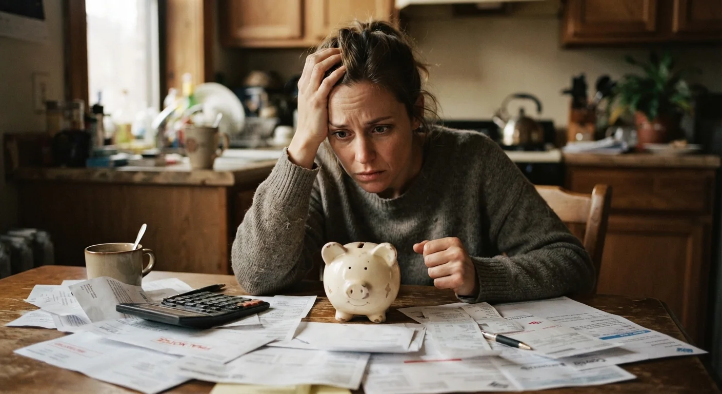 Person at kitchen table with bills, calculator, and empty piggy bank looking stressed